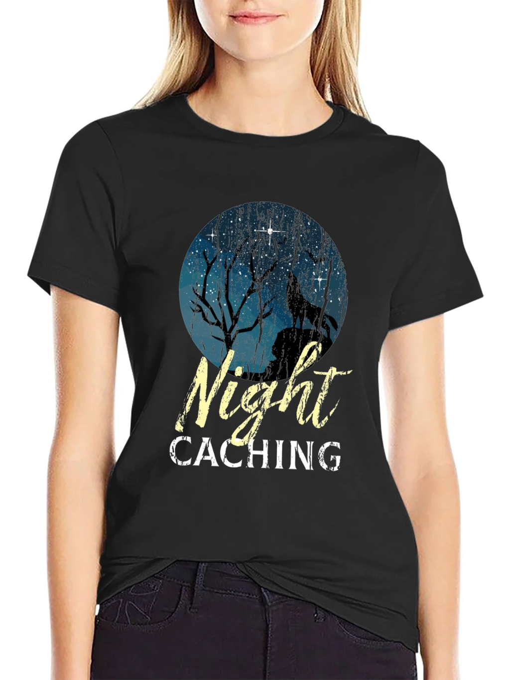 Night Caching Wolf Graphic Tee - Black Cotton Blend T-Shirt product image 2
