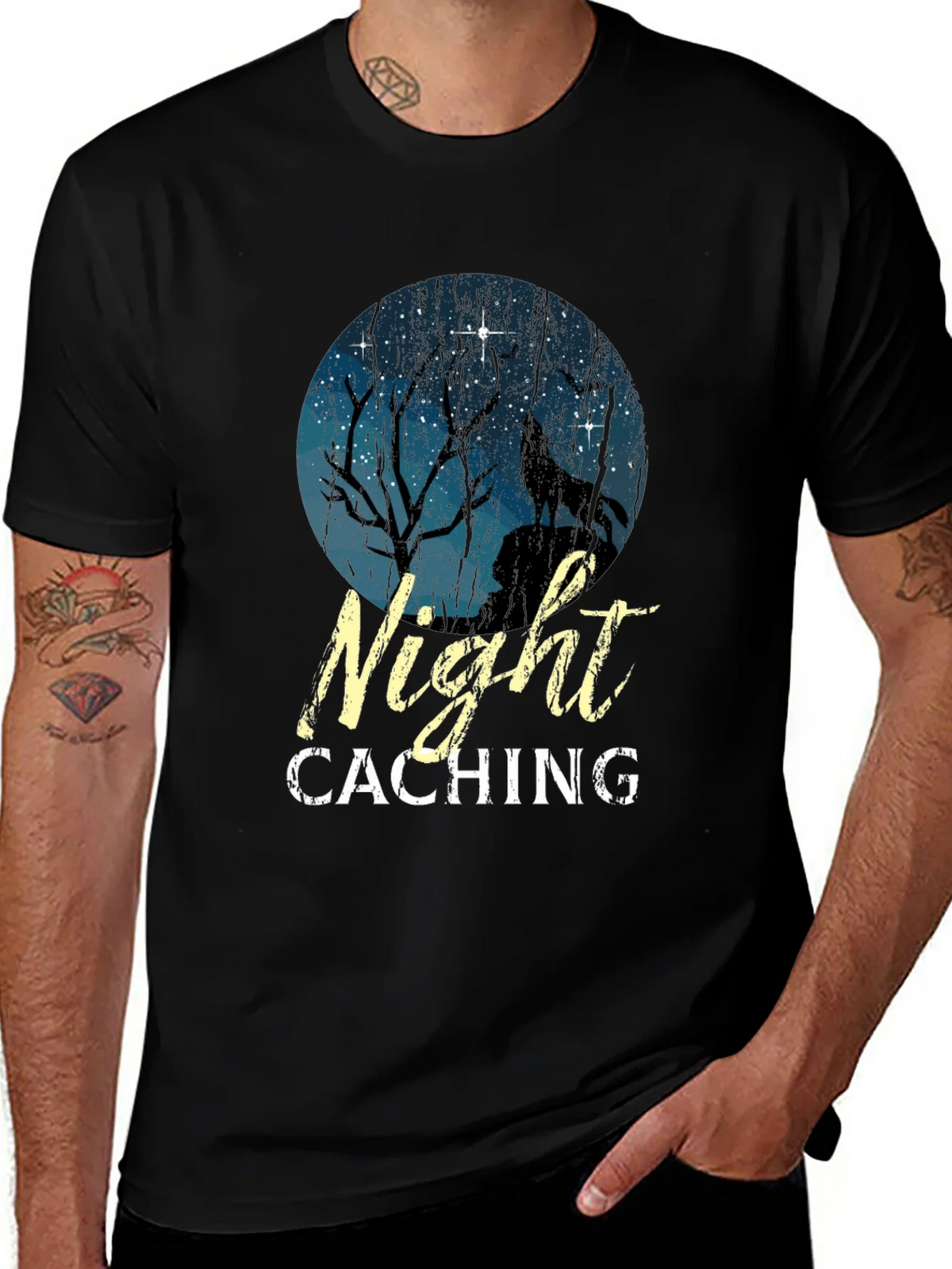 Night Caching Wolf Graphic Tee - Black Cotton Blend T-Shirt product image 1
