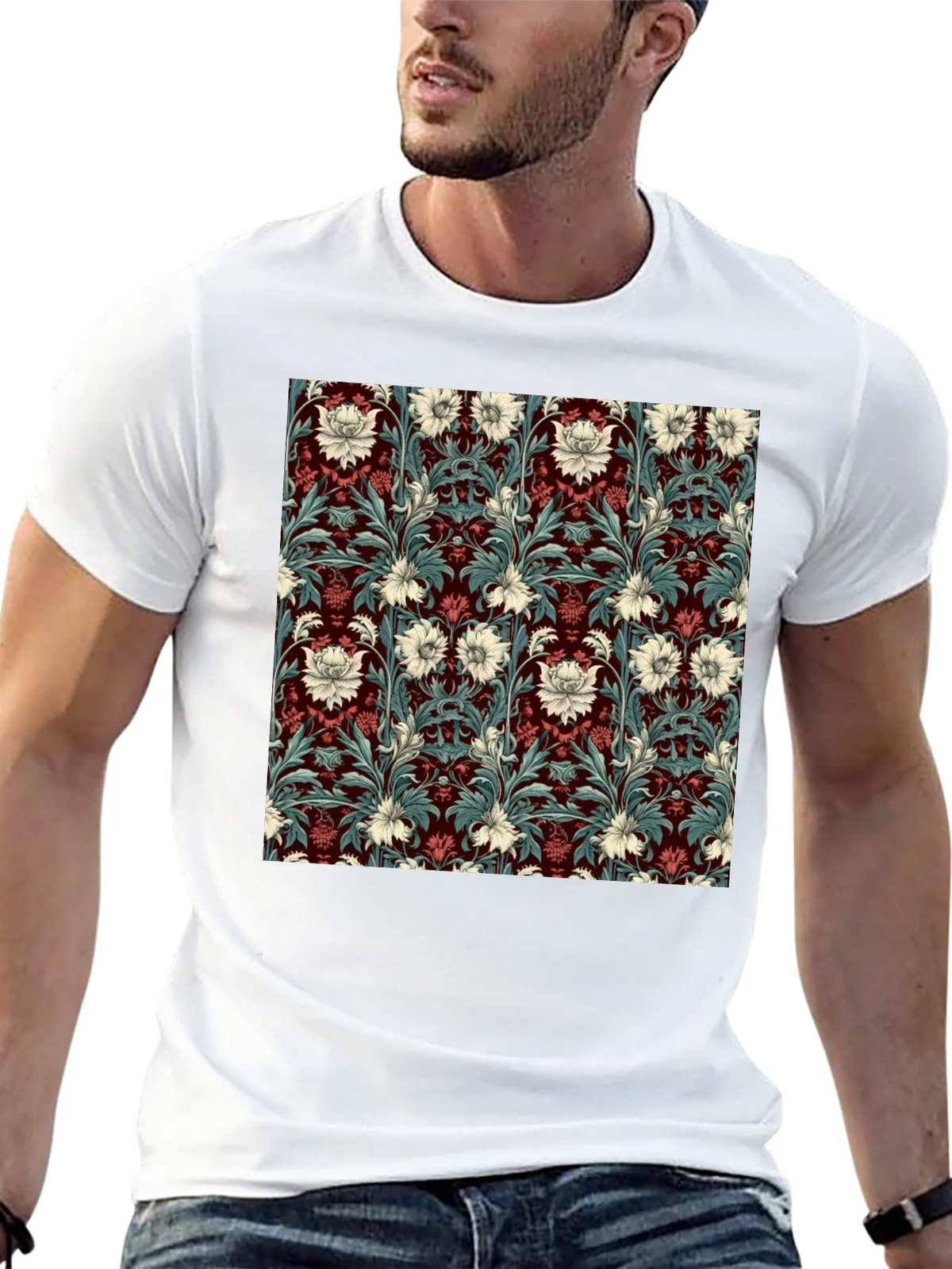 Floral Pattern T-Shirt Red & White Botanical Design product image 12