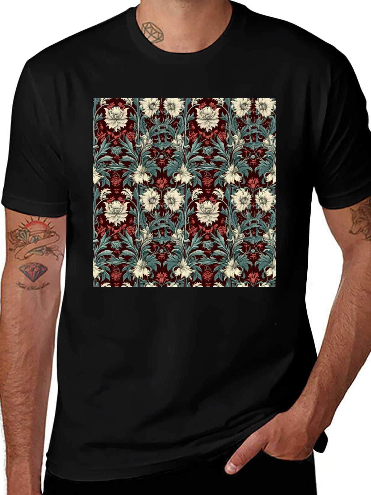 Floral Pattern T-Shirt Red & White Botanical Design product image 1