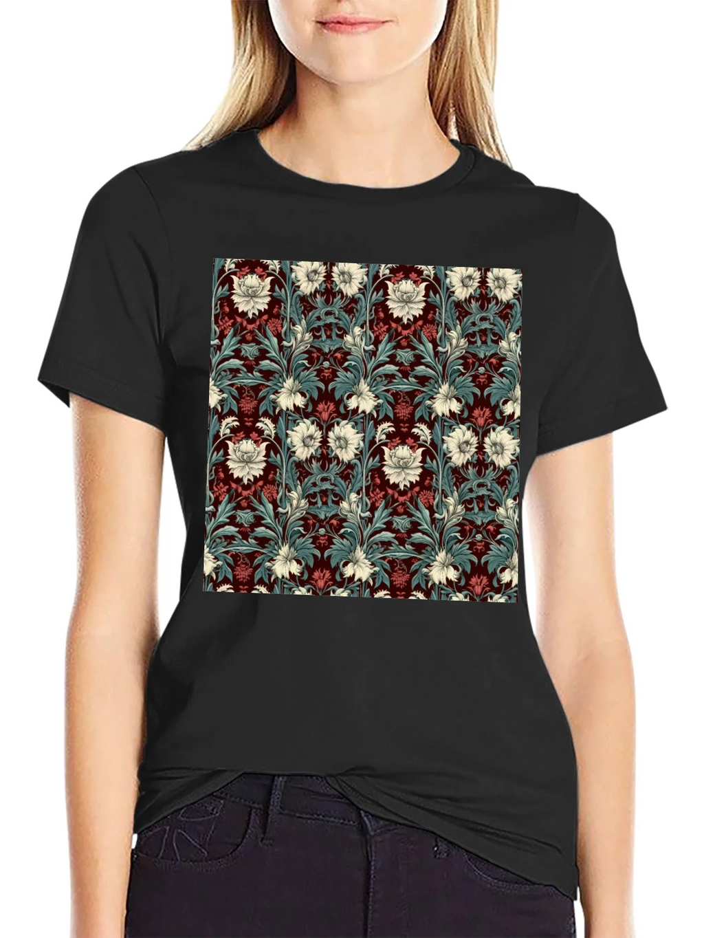 Floral Pattern T-Shirt Red & White Botanical Design product image 2