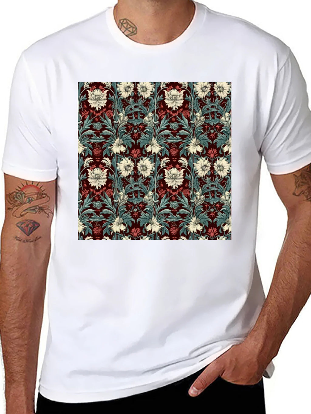 Floral Pattern T-Shirt Red & White Botanical Design product image 7