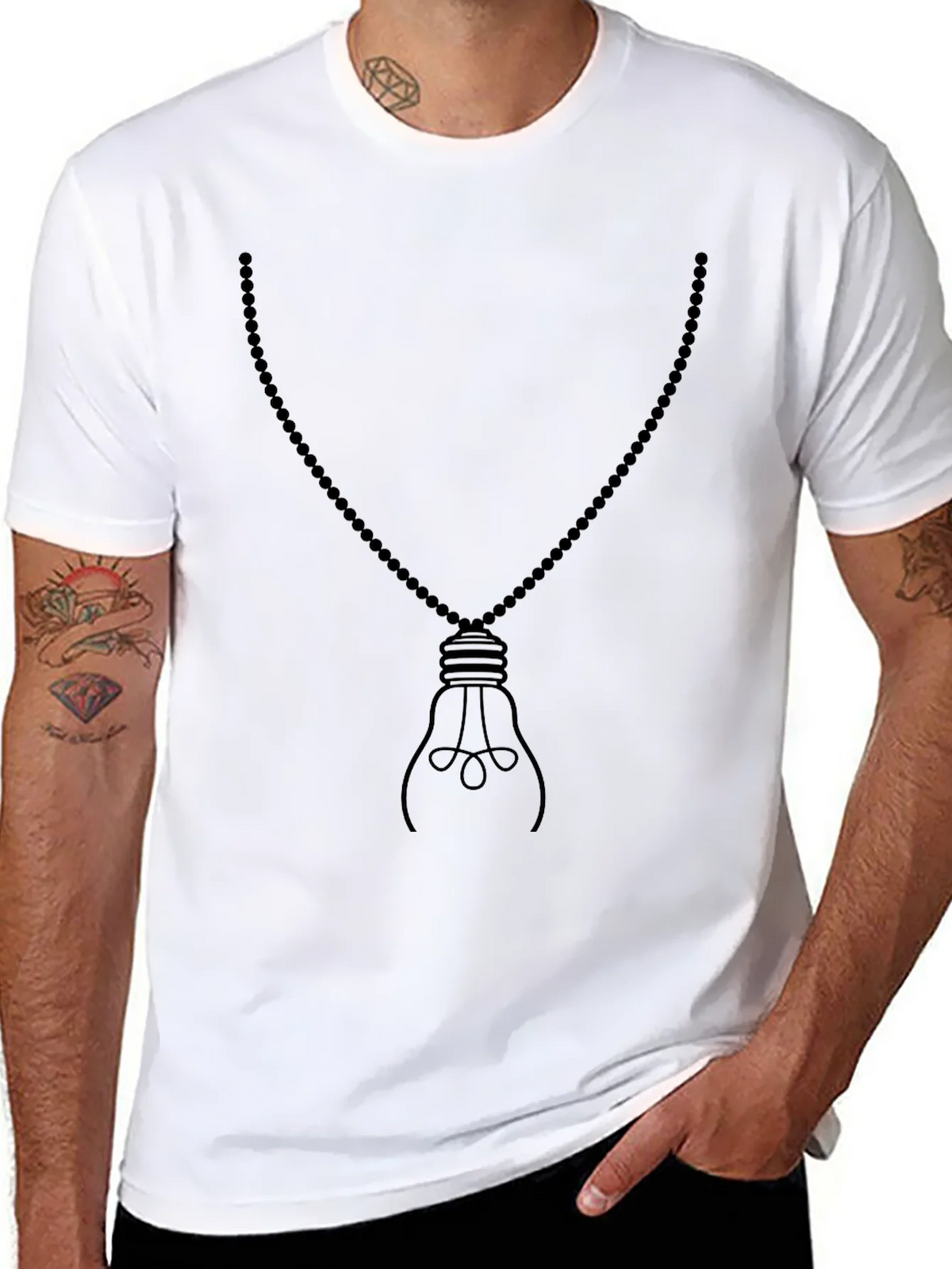 Mens Black Light Bulb Necklace Graphic Tee