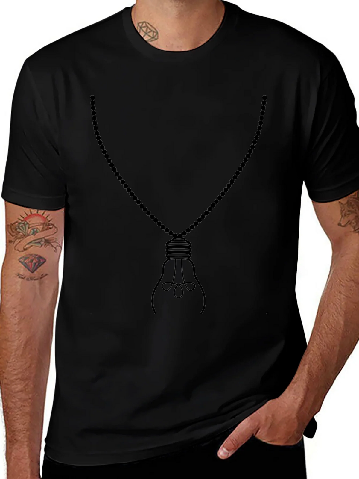Mens Black Light Bulb Necklace Graphic Tee