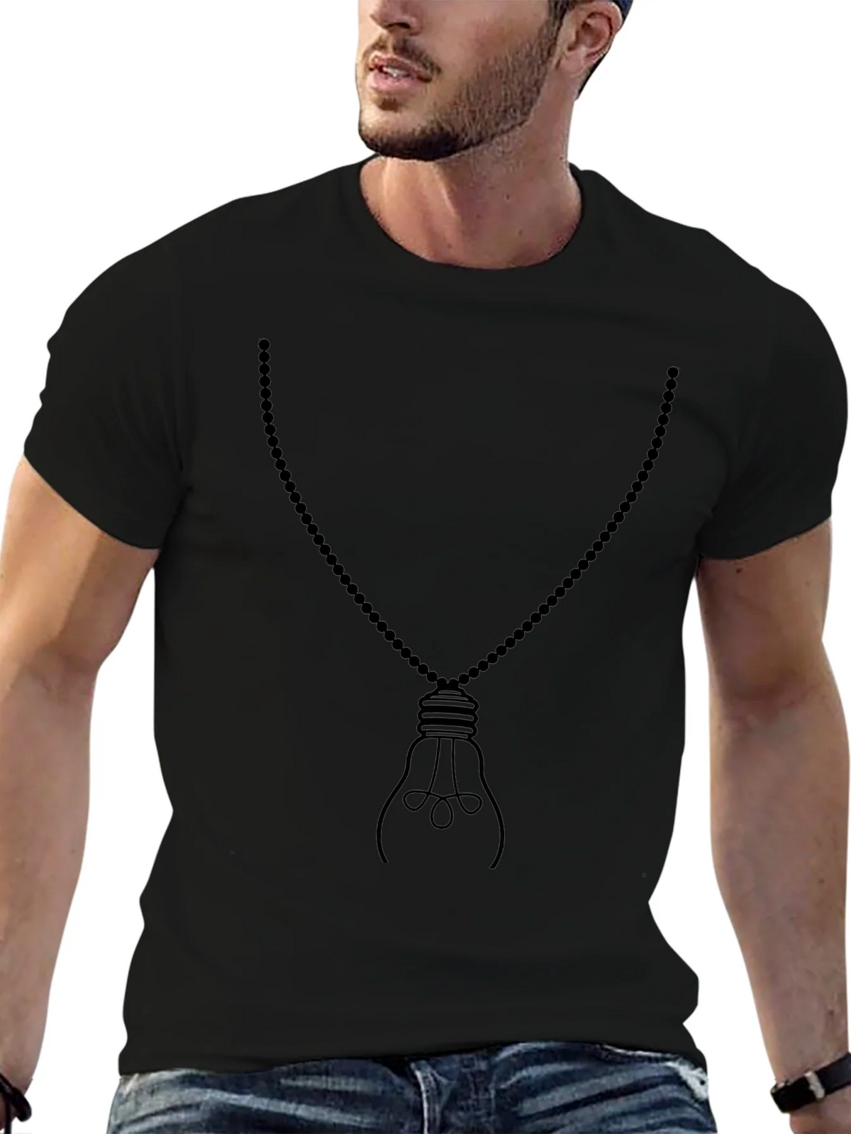 Mens Black Light Bulb Necklace Graphic Tee