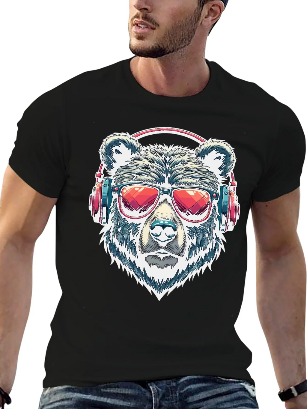 Cool Bear with Headphones Graphic T-Shirt product image 6