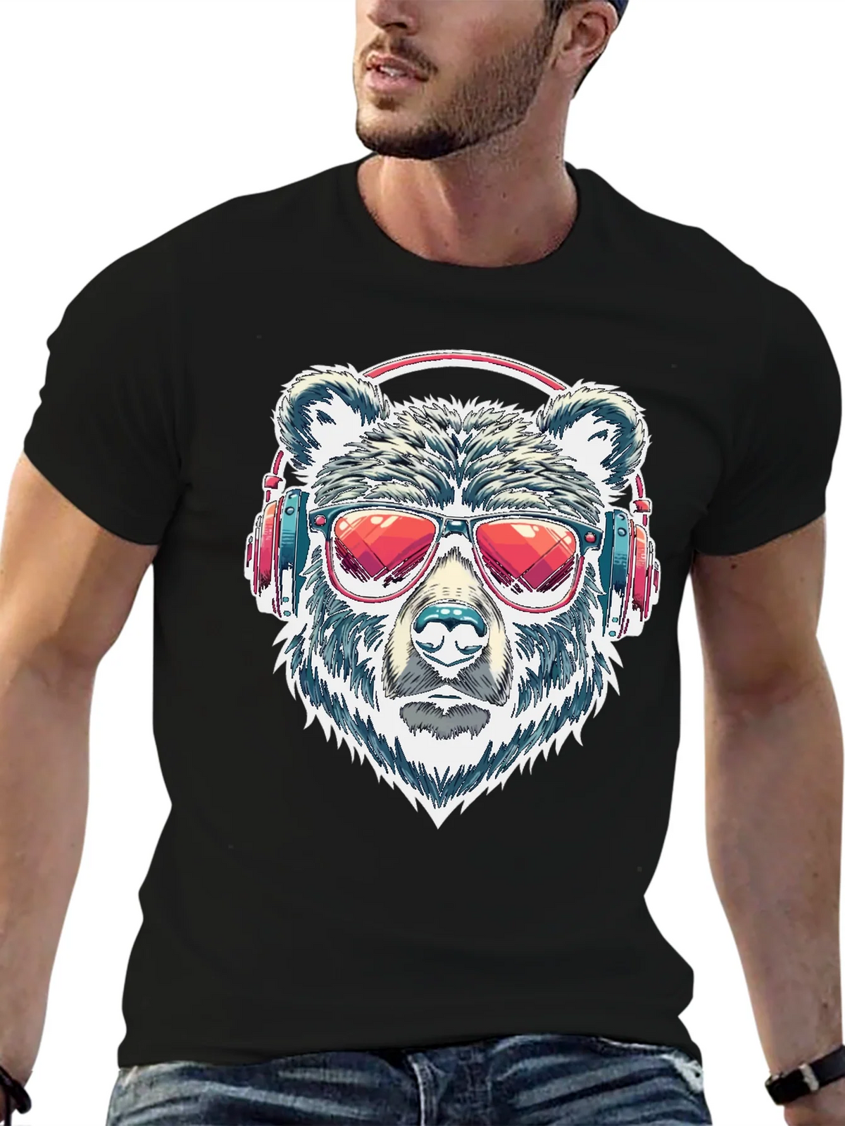 Cool Bear with Headphones Graphic T-Shirt product image 6