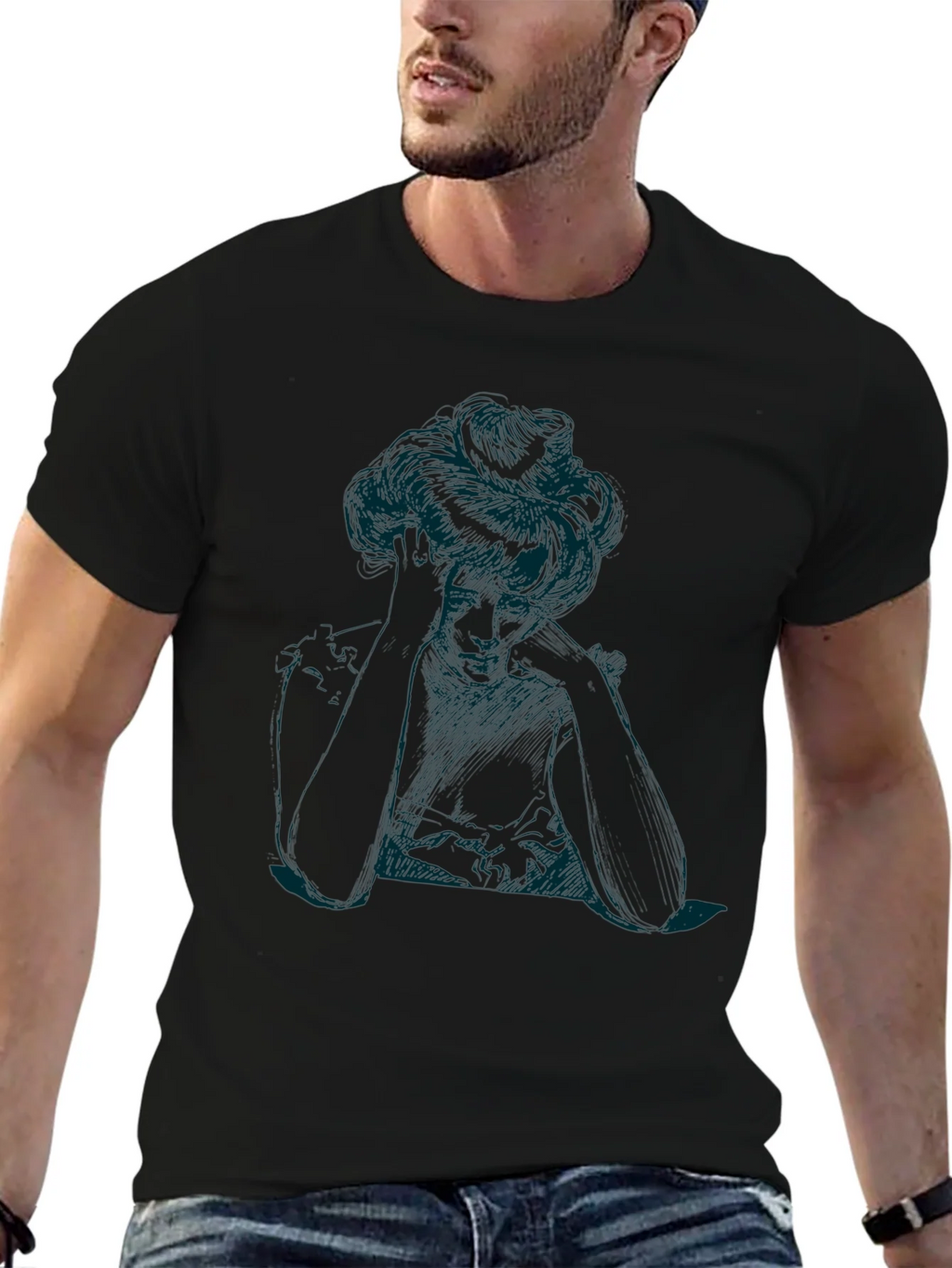 Elegant Woman Sketch Black T-Shirt product image 5