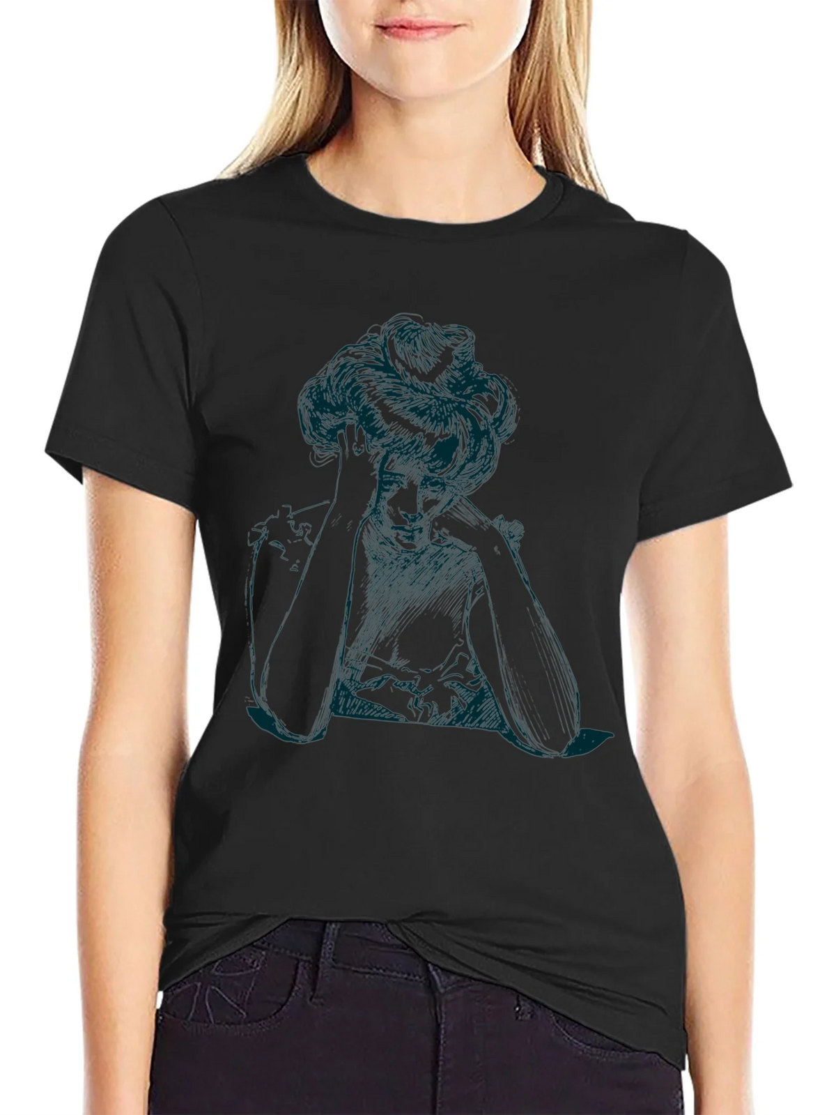 Elegant Woman Sketch Black T-Shirt product image 2