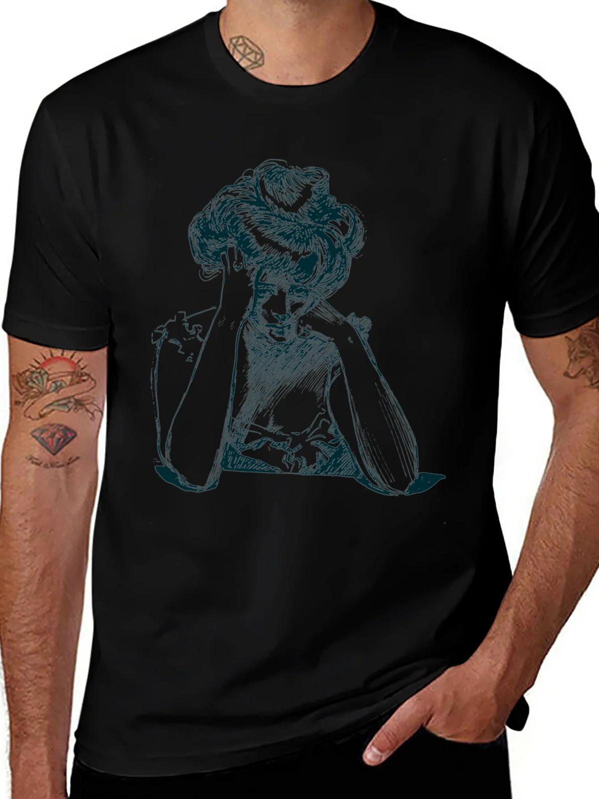 Elegant Woman Sketch Black T-Shirt product image 1