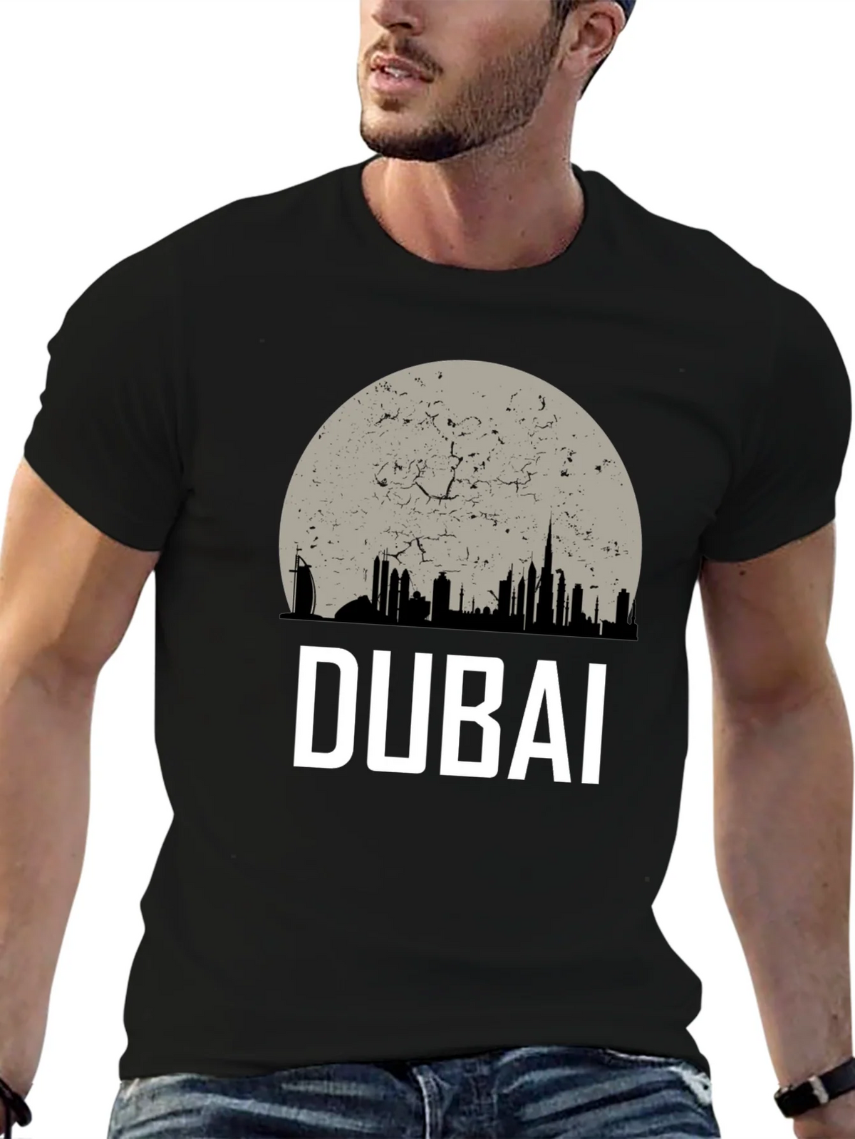 Dubai Skyline Graphic Tee - Black Cotton T-Shirt product image 3